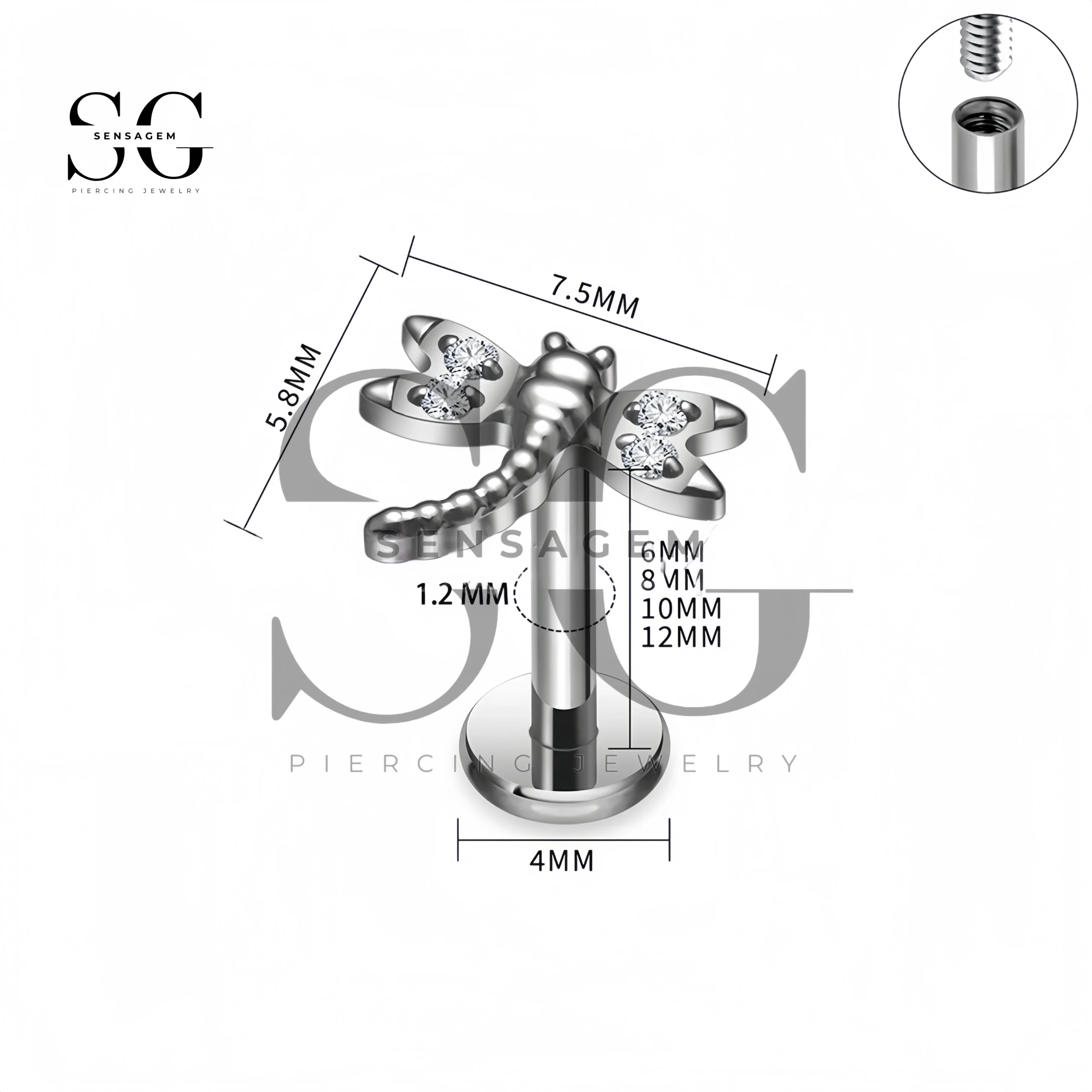 SG4408 Titanium Dragonfly Labret Stud with White CZ - Image 2