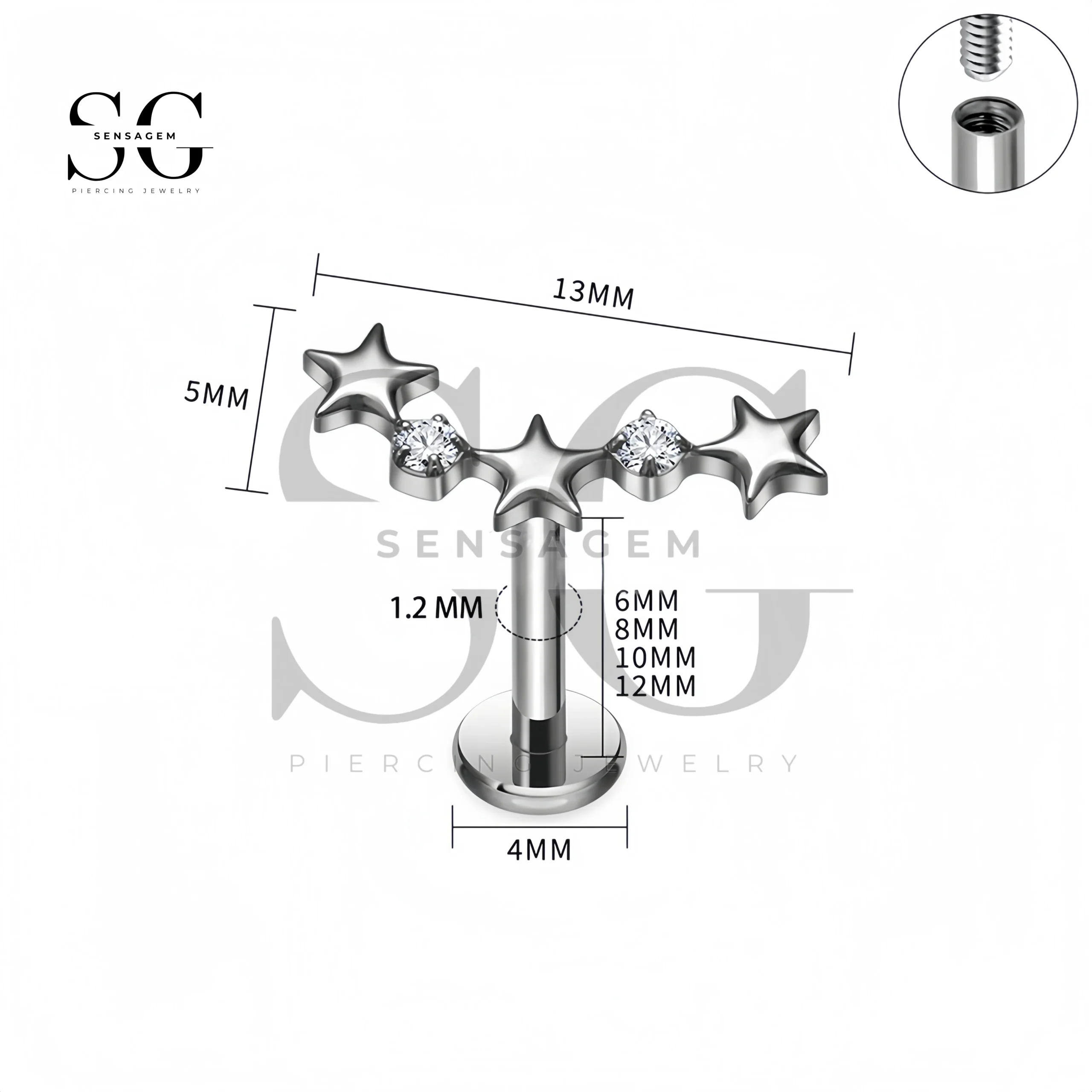 SG4409 ASTM F-136 Titanium Three Star Threadless Labret Stud - Image 2