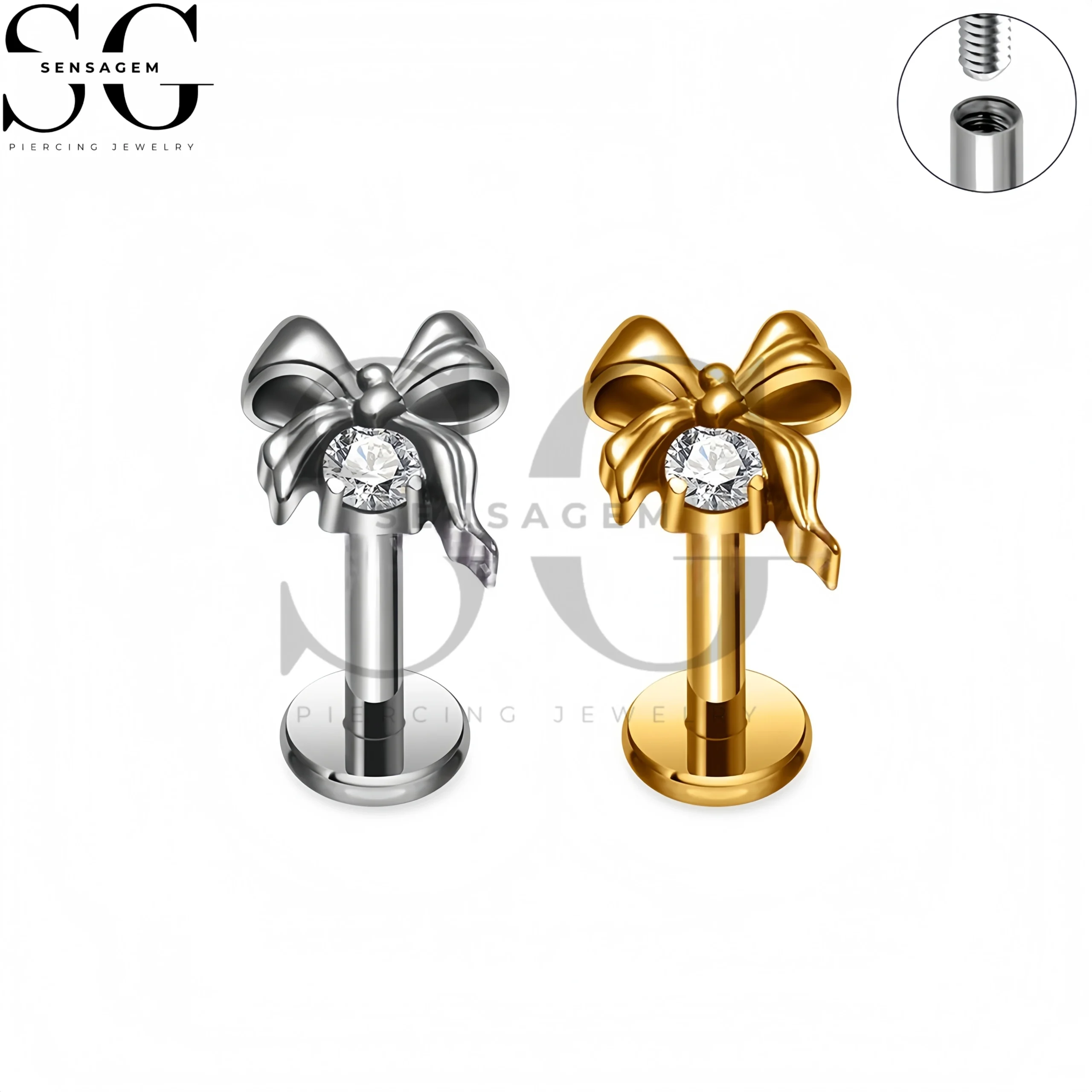 SG4420 F136 Titanium Pink CZ Bow Labret Stud Lip Piercing Jewelry - Image 6