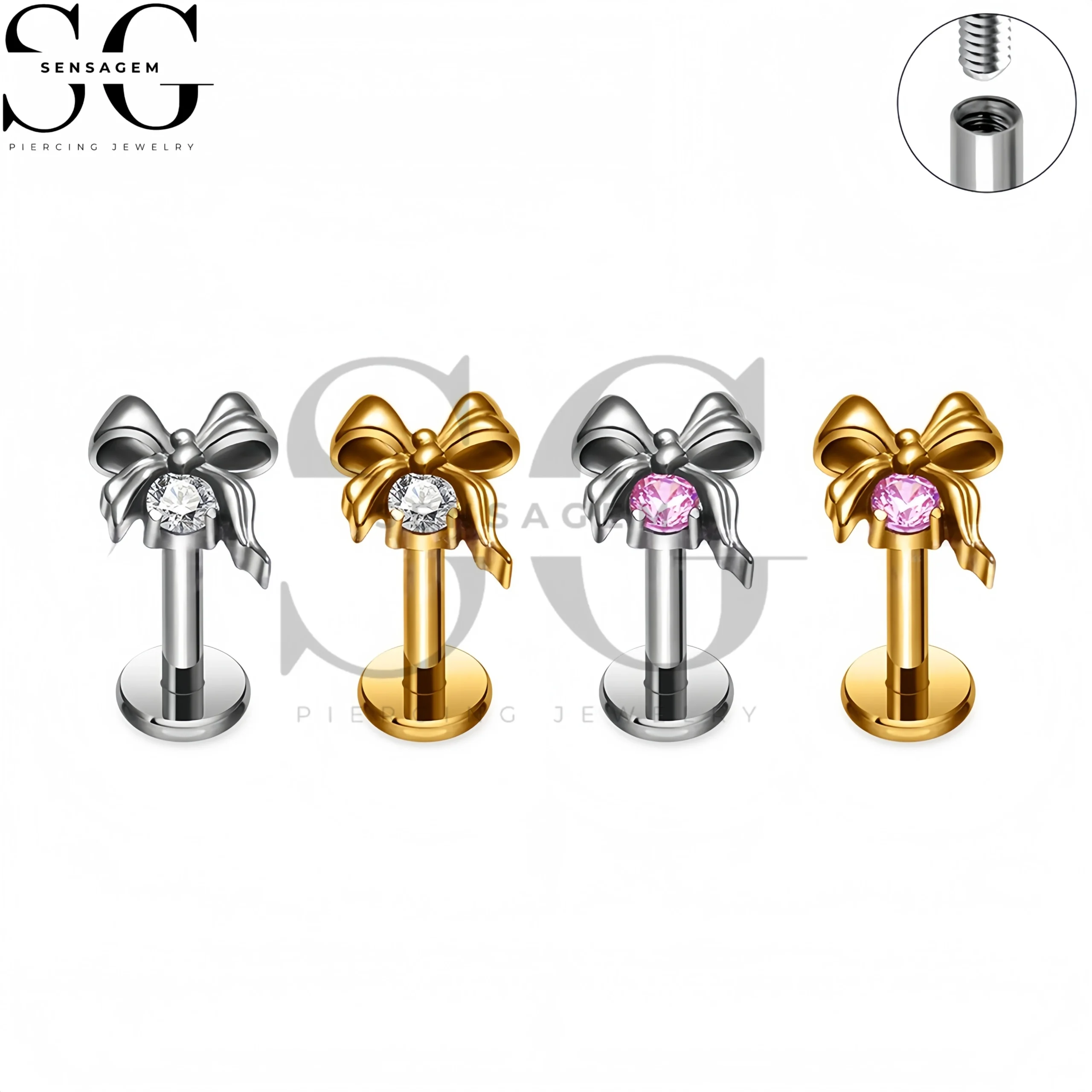 SG4420 F136 Titanium Pink CZ Bow Labret Stud Lip Piercing Jewelry