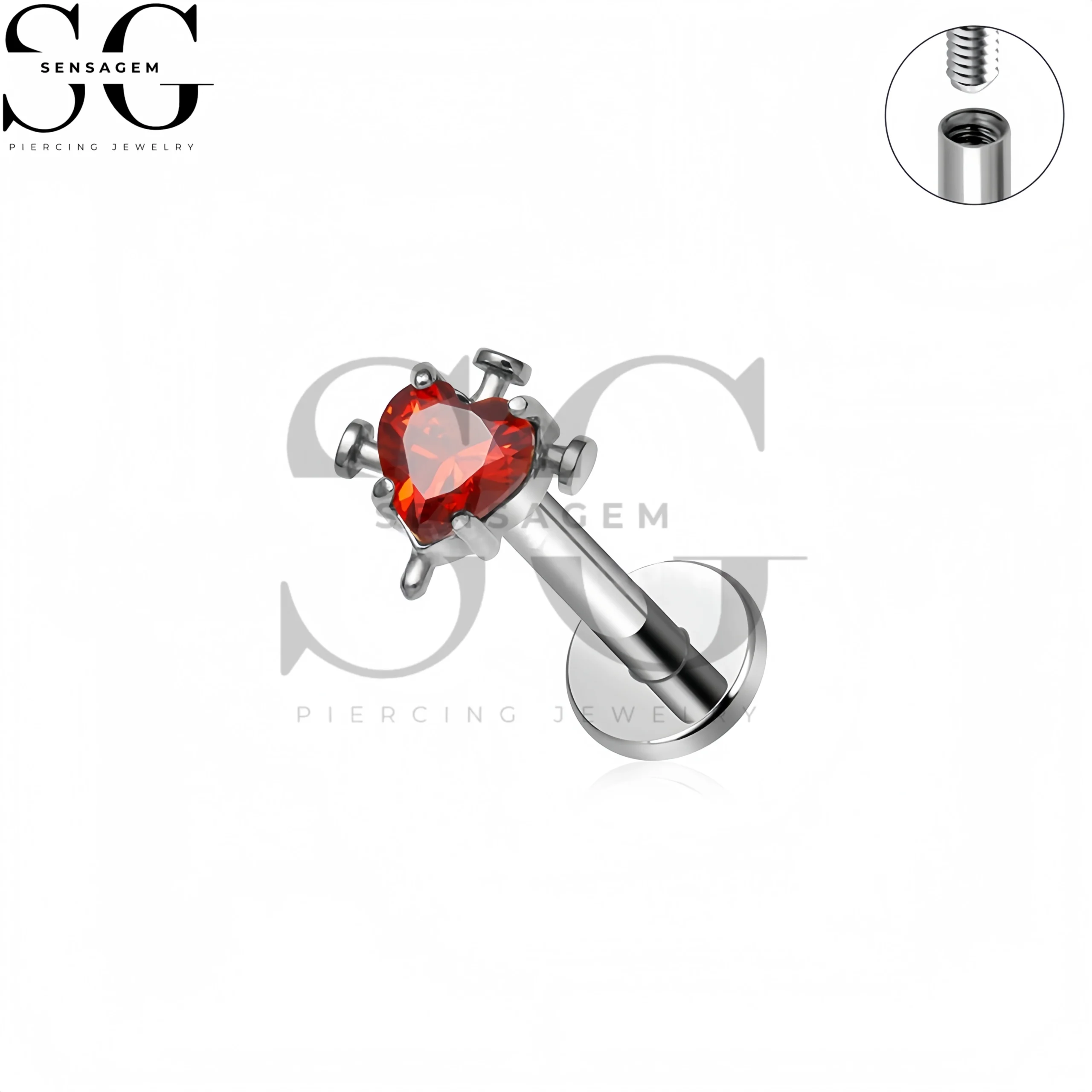 SG4424 F136 Titanium Red Heart CZ Labret Stud Lip Piercing Jewelry - Image 3