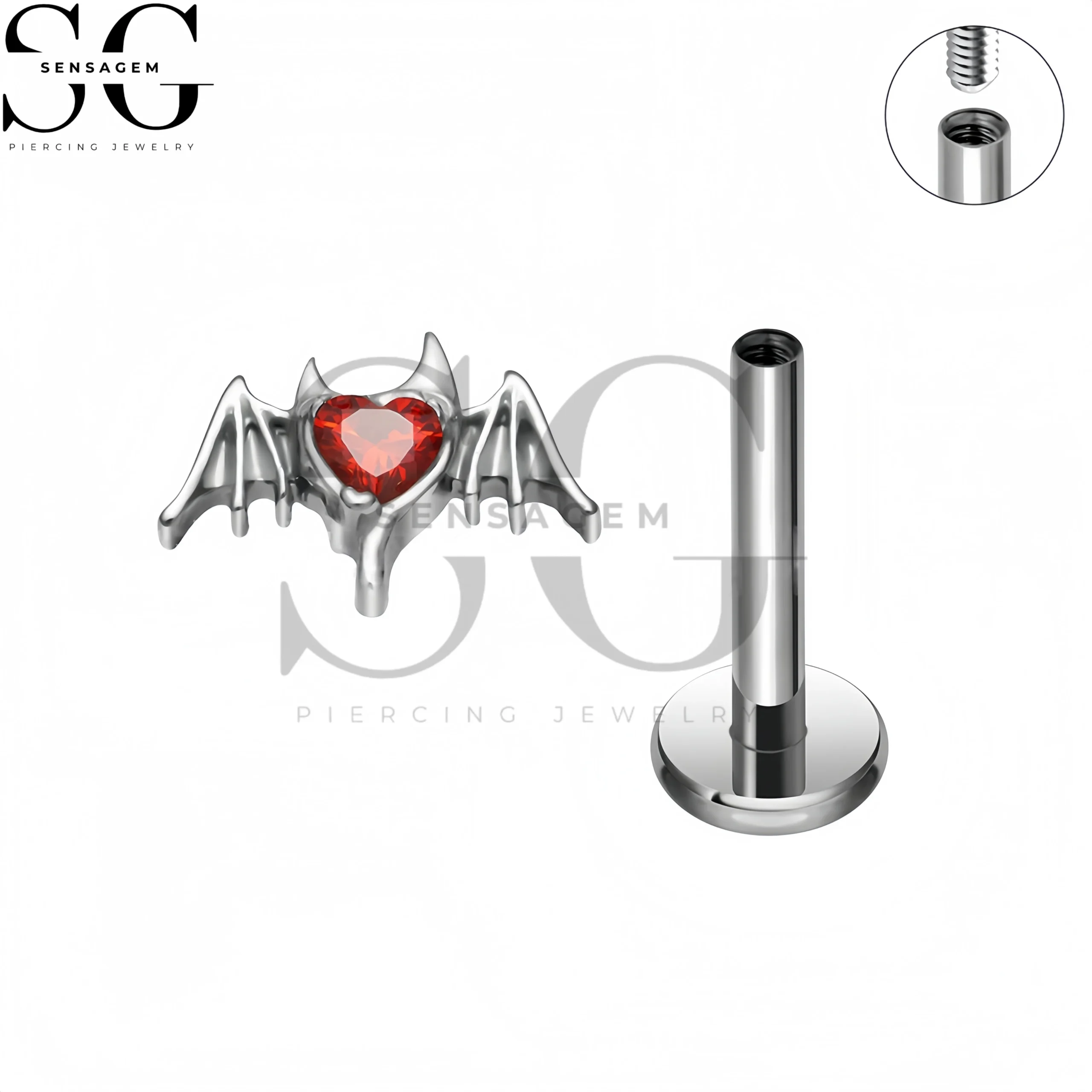 SG4425 F136 Titanium Devil Wing Heart CZ Labret Stud Lip Piercing - Image 2