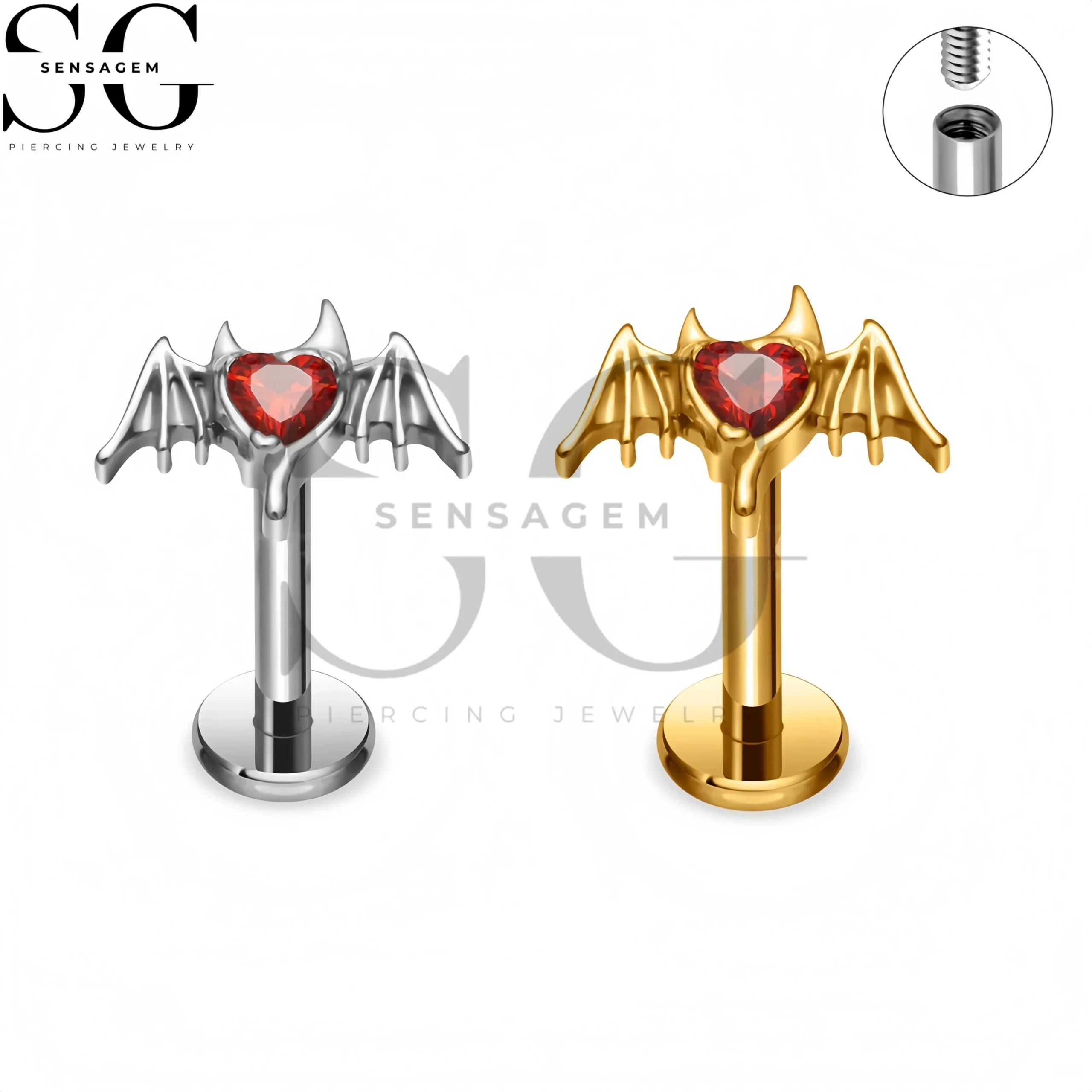 SG4425 F136 Titanium Devil Wing Heart CZ Labret Stud Lip Piercing