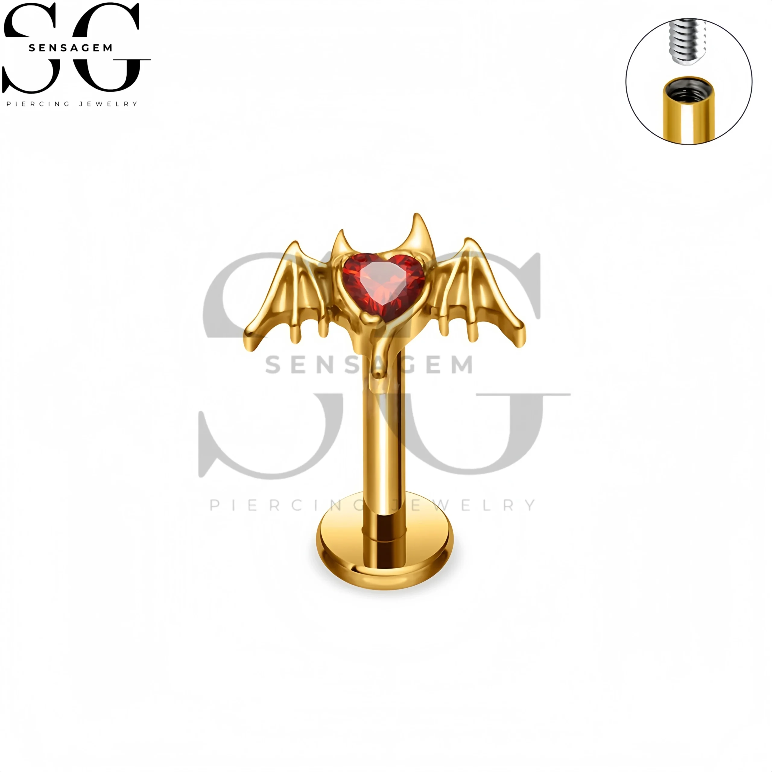 SG4425 F136 Titanium Devil Wing Heart CZ Labret Stud Lip Piercing - Image 3