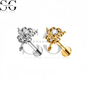 SG4429 F136 Titanium Heart Wing Key Labret Stud Lip Piercing Jewelry