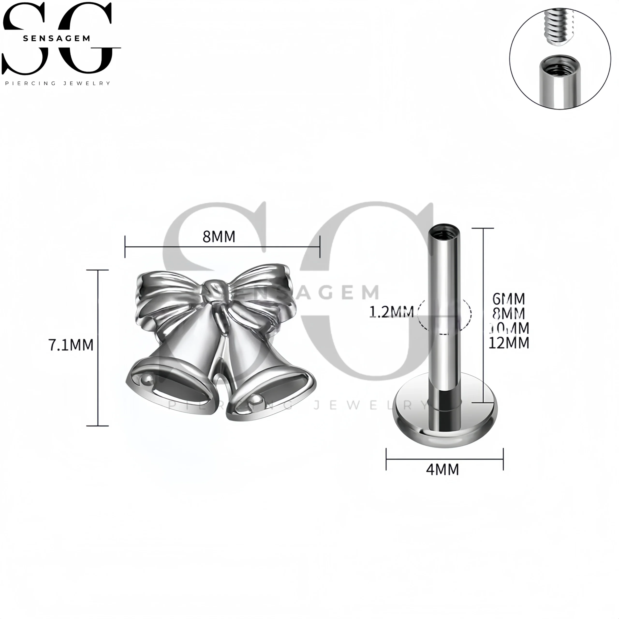 SG4430 F136 Titanium Bow Bell Labret Stud Lip Piercing Jewelry - Image 2