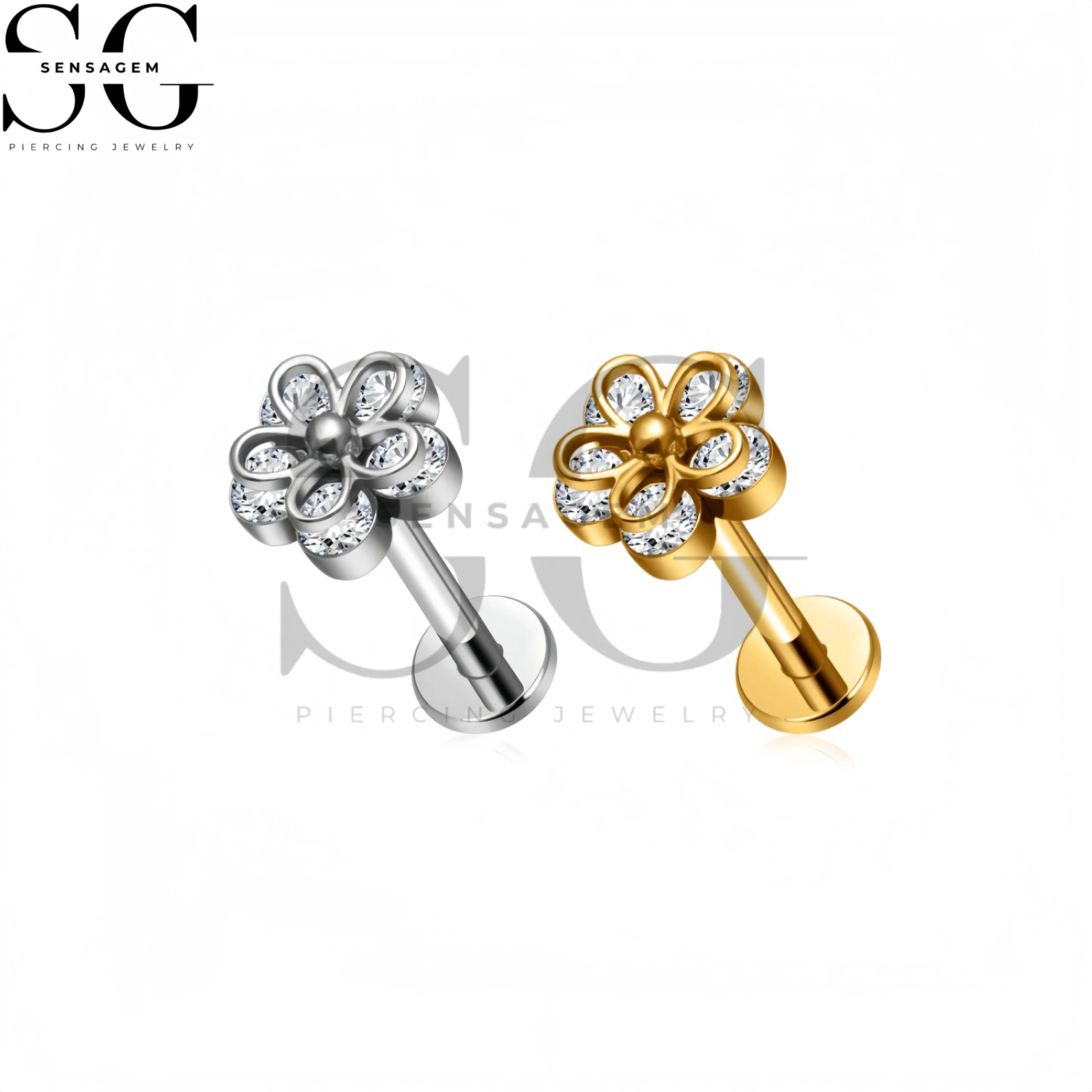 SG4434 F136 Titanium Floral CZ Labret Stud Lip Piercing Jewelry