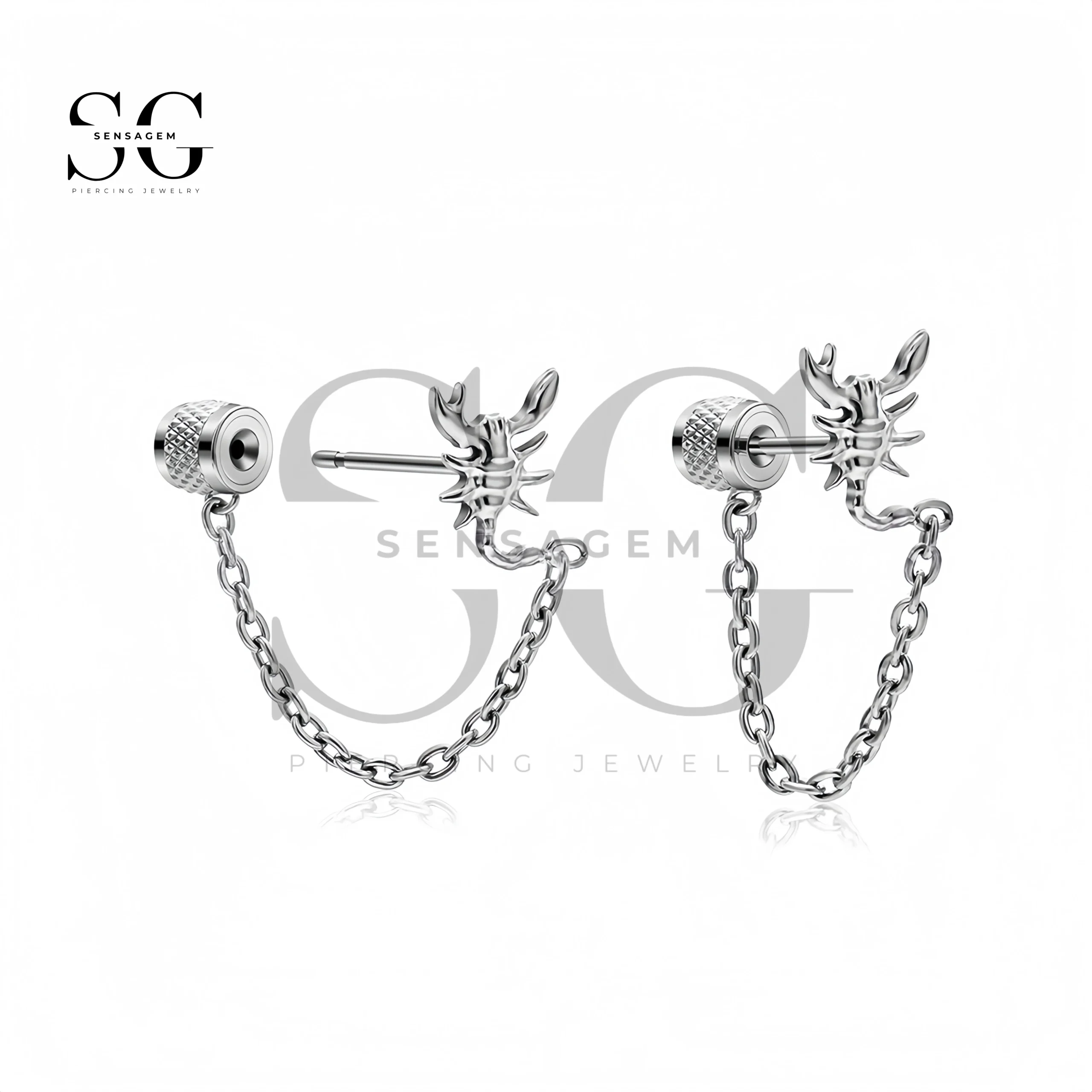SG9099 F136 Titanium Scorpion Dangle Chain Stud Earrings Piercing - Image 2