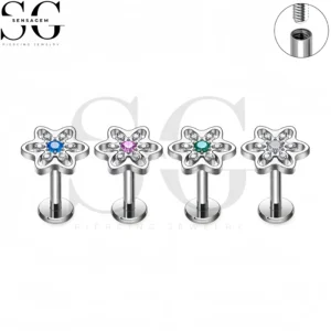 SG4440 F136 Fleur de titane CZ Labret Stud Piercing fileté intérieurement