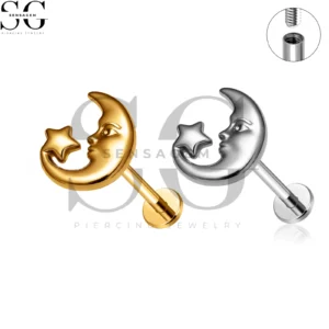 SG4463 Wholesale F136 Titanium Man in the Moon with Star Labret Stud Internally Threaded Lip Piercing Jewelry