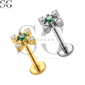 SGYS1255 F136 Titanium Butterfly Green CZ Labret Stud Internally Threaded Lip Piercing Jewelry