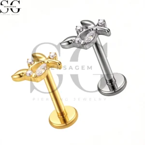 SGYS1256 F136 Titanium Marquise and Round CZ Crown Labret Stud Internally Threaded Lip Piercing Jewelry