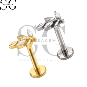 SGYS1258 F136 Titanium Marquise CZ Olive Leaf Labret Stud Internally Threaded Lip Piercing Jewelry