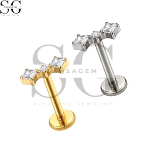 SGYS1261 F136 Titanium Baguette and Round CZ Labret Stud Internally Threaded Lip Piercing Jewelry
