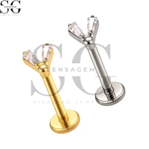 SGYS1263 F136 Titanium V-Shape Baguette CZ Labret Stud Internally Threaded Lip Piercing Jewelry