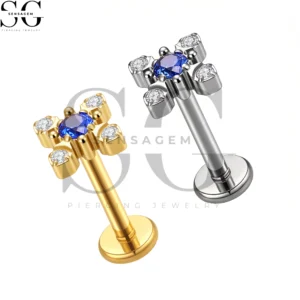 SGYS1264 F136 Titanium Flower Cross Blue CZ Labret Stud Internally Threaded Lip Piercing Jewelry