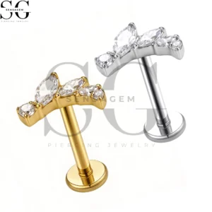 SGYS1267 F-136 Titanium Marquise CZ Fan Labret Stud Internally Threaded Piercing Jewelry