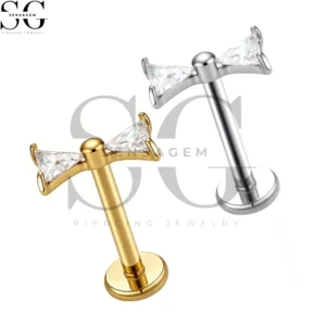 SGYS1271 F-136 Titanium Bowknot Triangle CZ Labret Stud Internally Threaded Piercing Jewelry