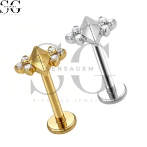 SGYS1272 F-136 Titanium Pyramid Spike CZ Cluster Labret Stud Internally Threaded Piercing Jewelry