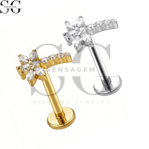 SGYS1273 F-136 Titanium Marquise Flower with Curved CZ Row Labret Stud Internally Threaded Piercing Jewelry