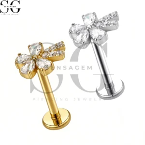 SGYS1275 F-136 Titanium Pear Cluster Flower with Ribbon CZ Labret Stud Internally Threaded Piercing Jewelry