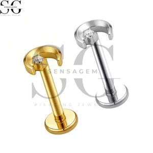 SGYS1276 F-136 Titanium Crescent Moon with Single CZ Labret Stud Internally Threaded Piercing Jewelry