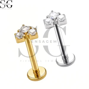 SGYS1278 F-136 Titanium Princess and Round CZ Cluster Labret Stud Internally Threaded Piercing Jewelry