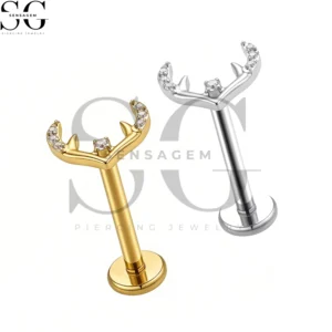 SGYS1281 F136 Titanium Antler CZ Labret Stud Internally Threaded Lip Piercing Jewelry