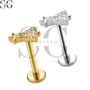 SGYS1282 F136 Titanium Shooting Star Christmas Tree CZ Labret Stud Internally Threaded Lip Piercing Jewelry