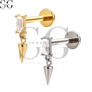 SGYS1287 F136 Titanium Rectangle CZ Labret Stud with Dangle Spike Internally Threaded Piercing Jewelry