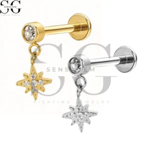 SGYS1288 F136 Titanium North Star CZ Dangle Labret Stud Internally Threaded Lip Piercing Jewelry