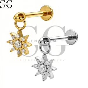 SGYS1289 F136 Titanium North Star CZ Dangle Labret Stud Internally Threaded Lip Piercing Jewelry