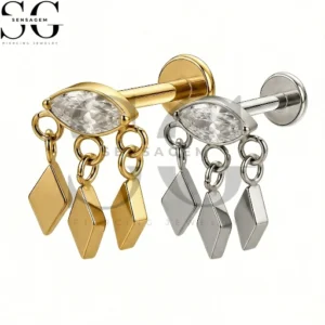SGYS1290 F136 Titanium Marquise CZ Labret Stud with Triple Dangle Rhombus Internally Threaded Piercing Jewelry