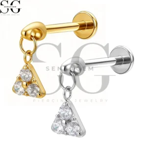 SGYS1291 F136 Titanium Triangle CZ Dangle Labret Stud Internally Threaded Lip Piercing Jewelry