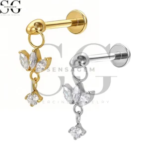 SGYS1292 F136 Titanium Marquise Round CZ Dangle Labret Stud Internally Threaded Piercing Jewelry