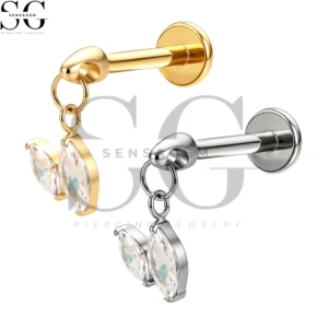 SGYS1294 Wholesale F136 Titanium Marquise Round CZ Fan Dangle Labret Stud Internally Threaded Piercing Jewelry