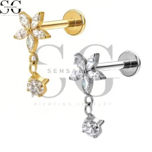 SGYS1297 Wholesale F136 Titanium Flower Marquise CZ Dangle Labret Stud Internally Threaded Lip Piercing Jewelry