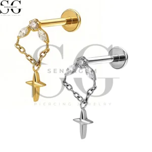 SGYS1301 Wholesale F136 Titanium Marquise CZ with Cross Dangle Chain Labret Stud Internally Threaded Piercing Jewelry