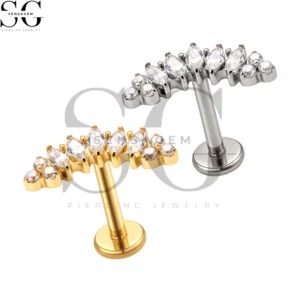 SGYS1302 Wholesale F136 Titanium Marquise Round CZ Fan Cluster Labret Stud Internally Threaded Piercing Jewelry