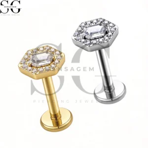 SGYS1309 Wholesale F136 Titanium Hexagon Rectangle CZ Labret Stud Internally Threaded Piercing Jewelry