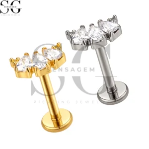 SGYS1312 Wholesale F136 Titanium Triple Pear CZ Fan Cluster Labret Stud Internally Threaded Piercing Jewelry
