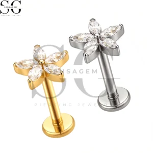 SGYS1317 Wholesale F136 Titanium Marquise CZ Flower Labret Stud Internally Threaded Lip Piercing Jewelry