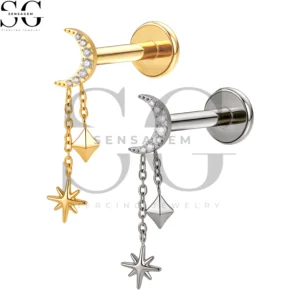 SGYS1324 Wholesale F136 Titanium Crescent Moon with Star Dangle Chain Labret Stud Internally Threaded Piercing Jewelry