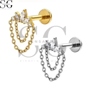 SGYS1325 Wholesale F136 Titanium Marquise CZ Fan Cluster with Double Dangle Chain Labret Stud Internally Threaded Piercing Jewelry