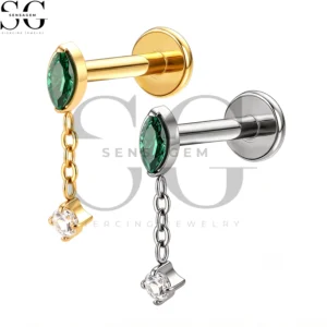SGYS1332 Wholesale F136 Titanium Green Marquise CZ with Round CZ Dangle Chain Labret Stud Internally Threaded Piercing Jewelry