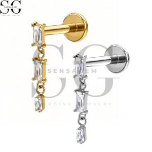 SGYS1334 Wholesale F136 Titanium Triple Baguette CZ Dangle Labret Stud Internally Threaded Piercing Jewelry
