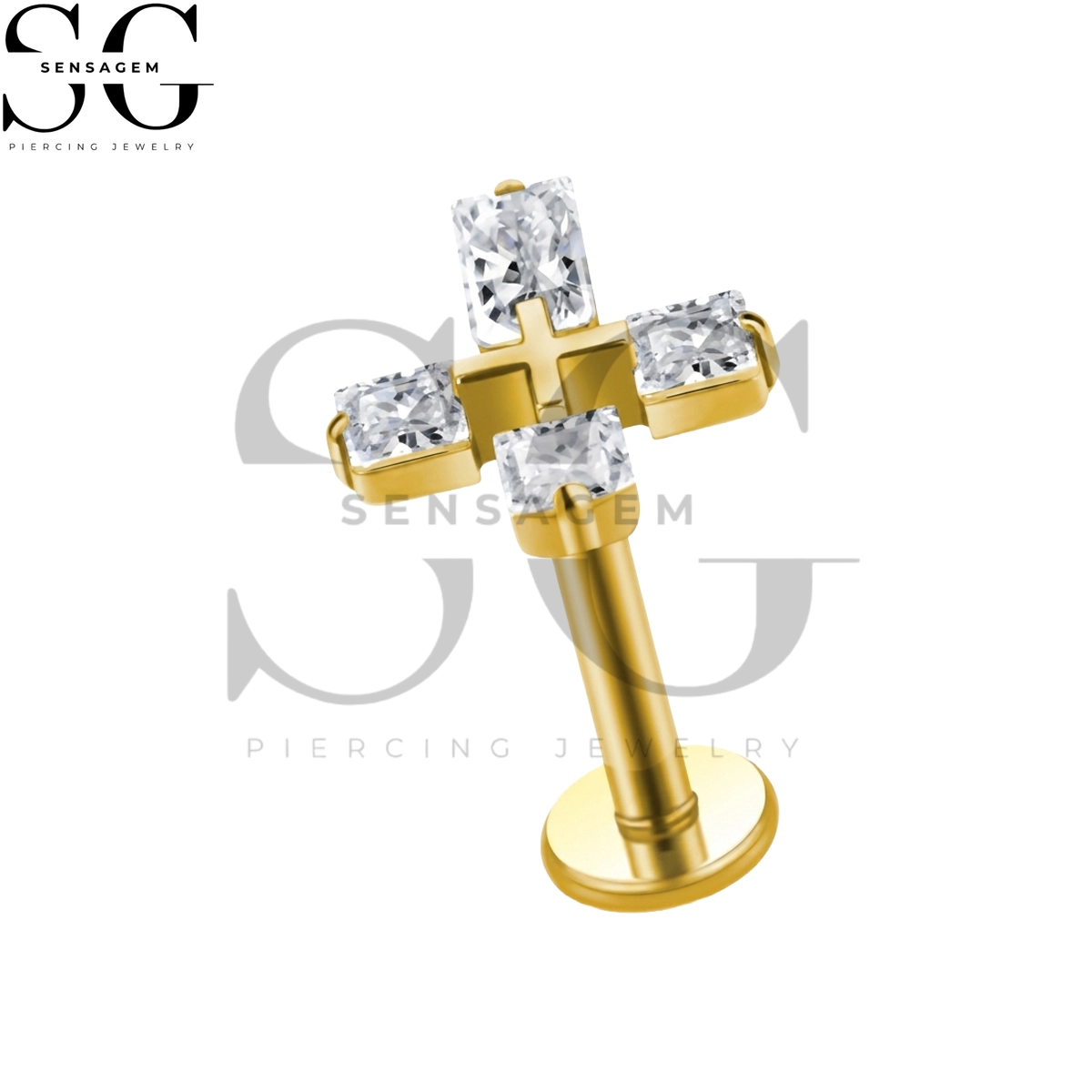 SGYS1335 G23 Titanium Flat Back Lip Ring Baguette CZ Cross Labret Stud - Imagen 2