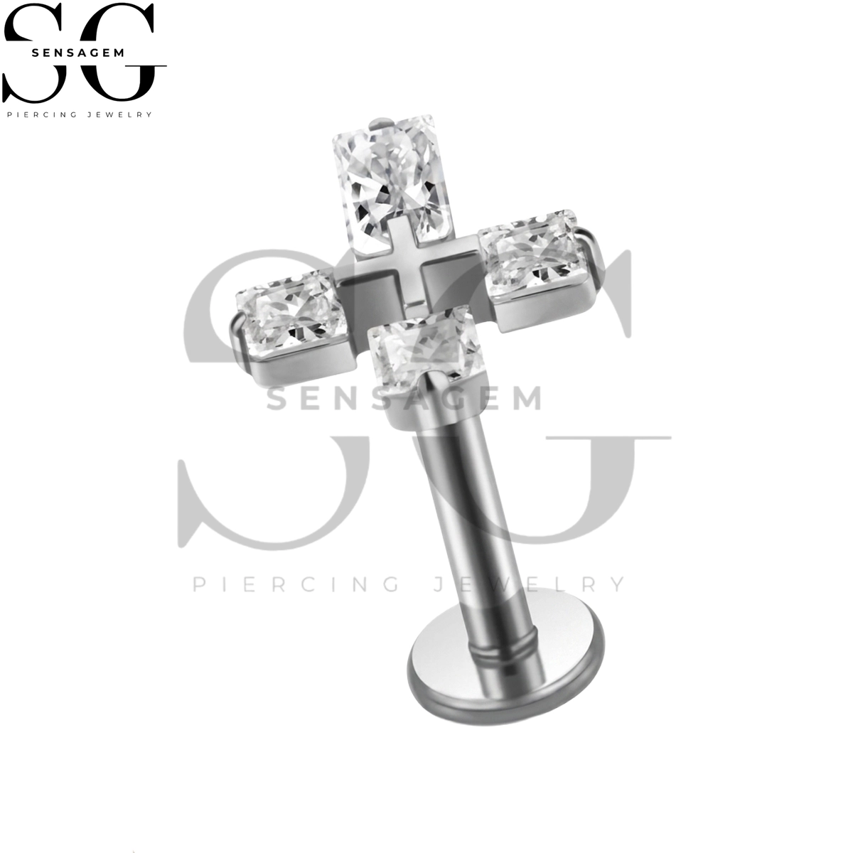 SGYS1335 G23 Titanium Flat Back Lip Ring Baguette CZ Cross Labret Stud - Imagen 3