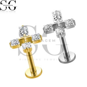 SGYS1335 G23 Titanium Flat Back Lip Ring Baguette CZ Cross Labret Stud