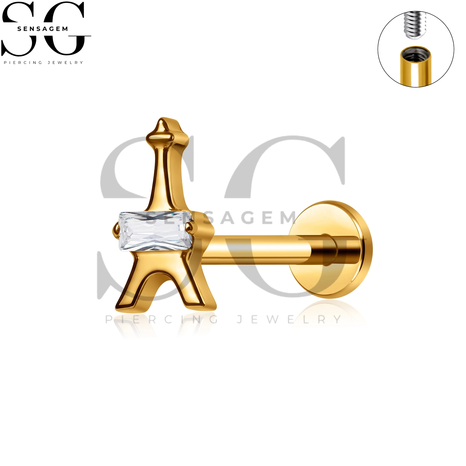 SG4470 Eiffelturm G23 Titan-Labret-Lippenstecker mit Innengewinde und Baguette CZ – Bild 2